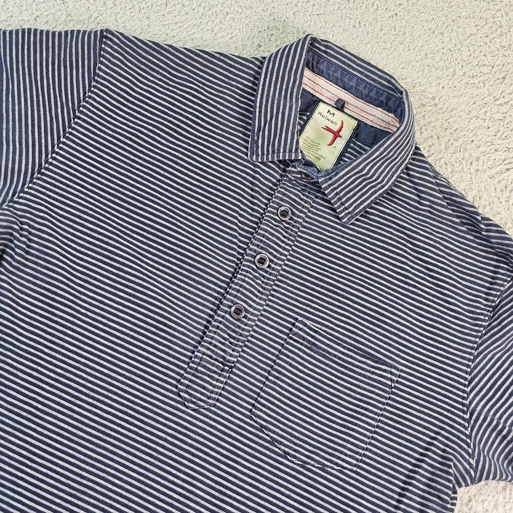 Relwen Polo Shirt Mens Medium Blue White Striped Cotton Stretch Jersey Pocket
